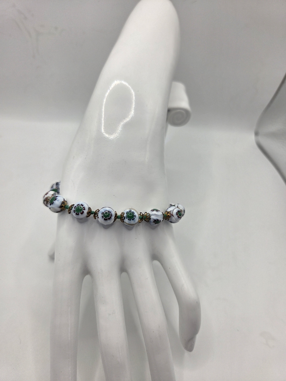 Millefiori Murano Venetian Floral Glass White Cloisonné Bead Bracelet Large